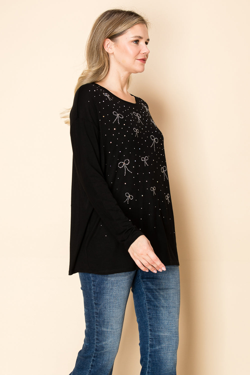 Black Knit Top w/ Rhinestone Bow Details