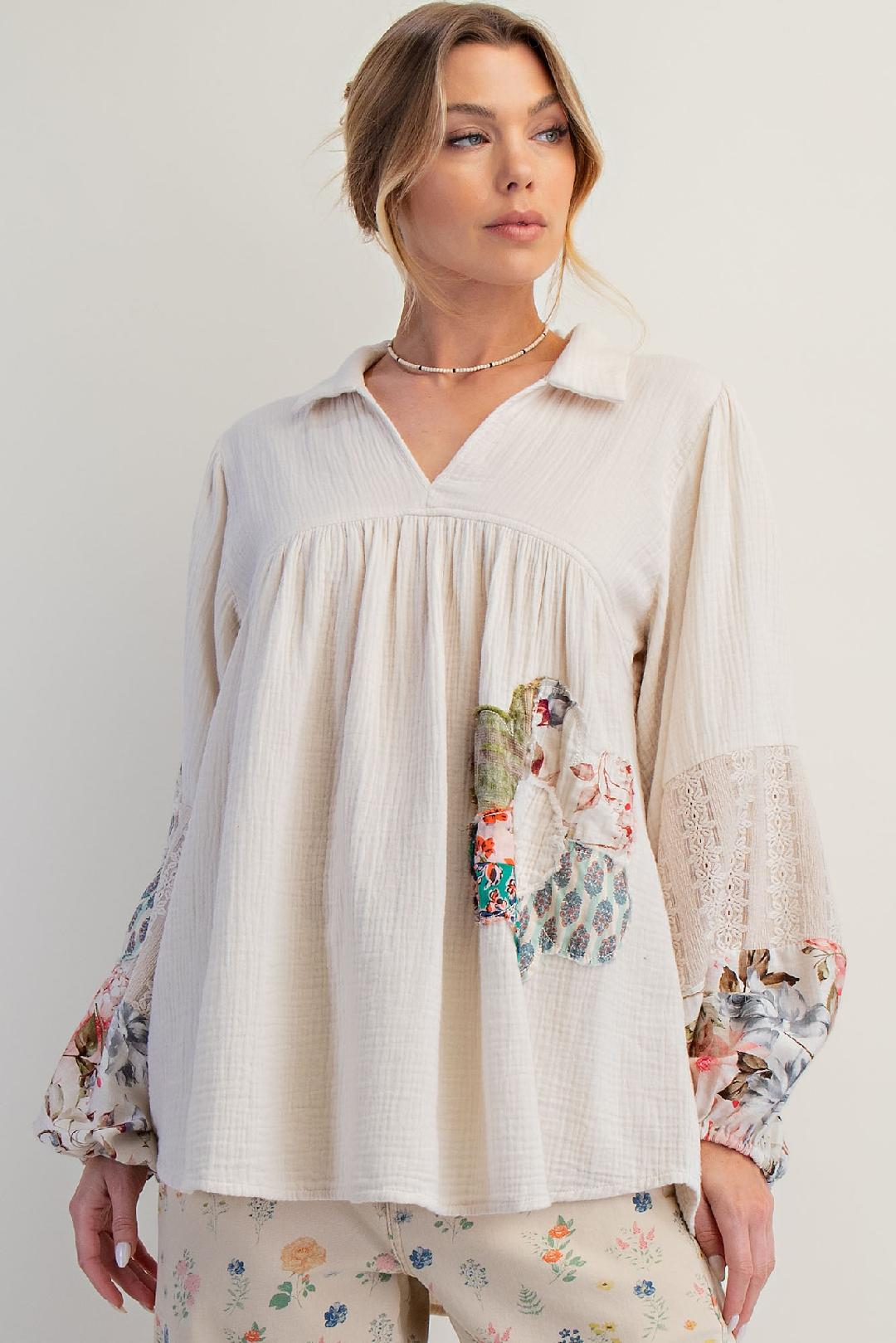 Ecru Patchwork Cotton Gauze Tunic