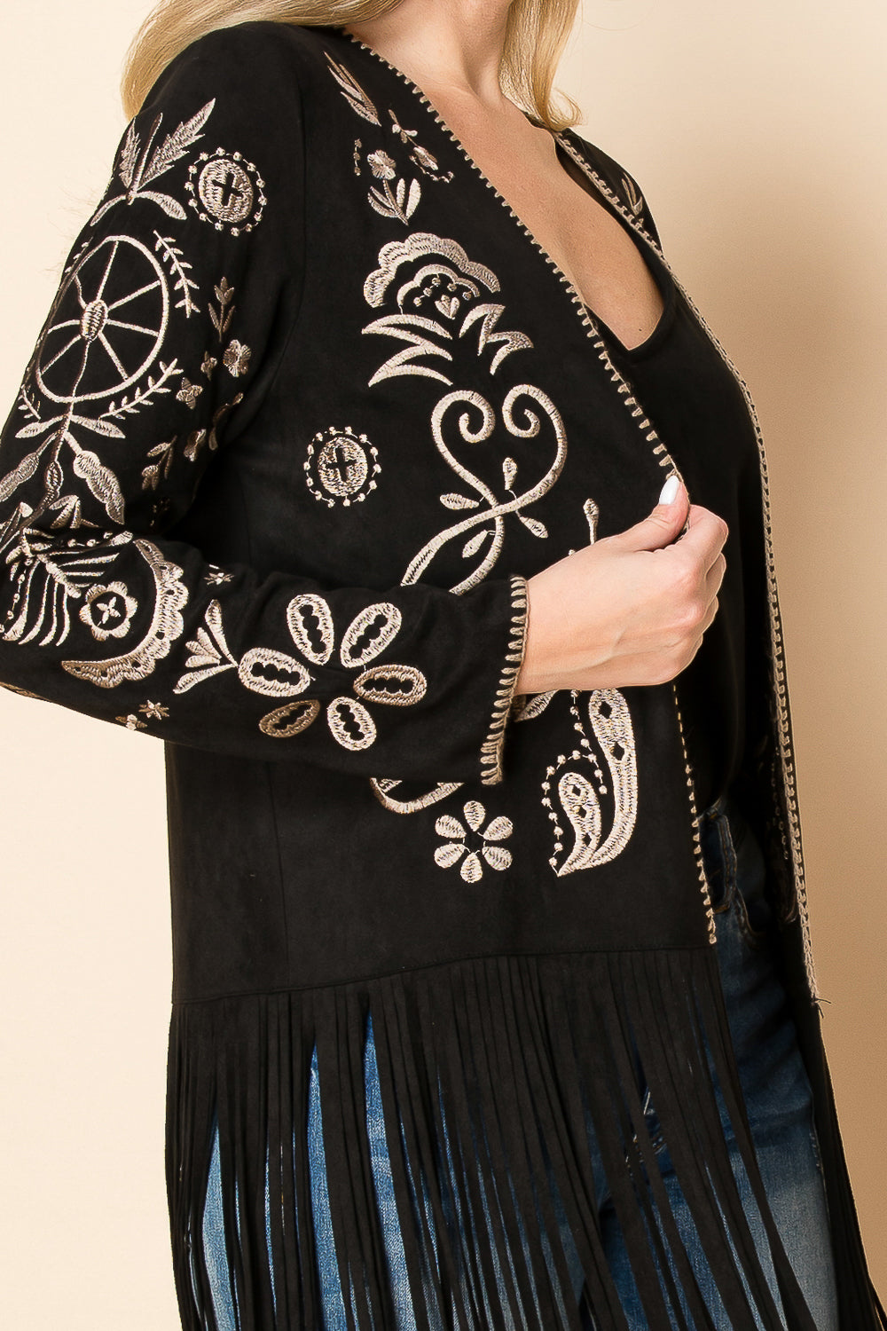 Black Ultra Suede Fringe Jacket w/ Taupe Embroidery