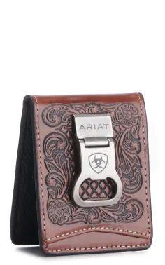 Men's Brown Basketweave Tooling  Ariat Bifold Wallet w/ Bottle Opener