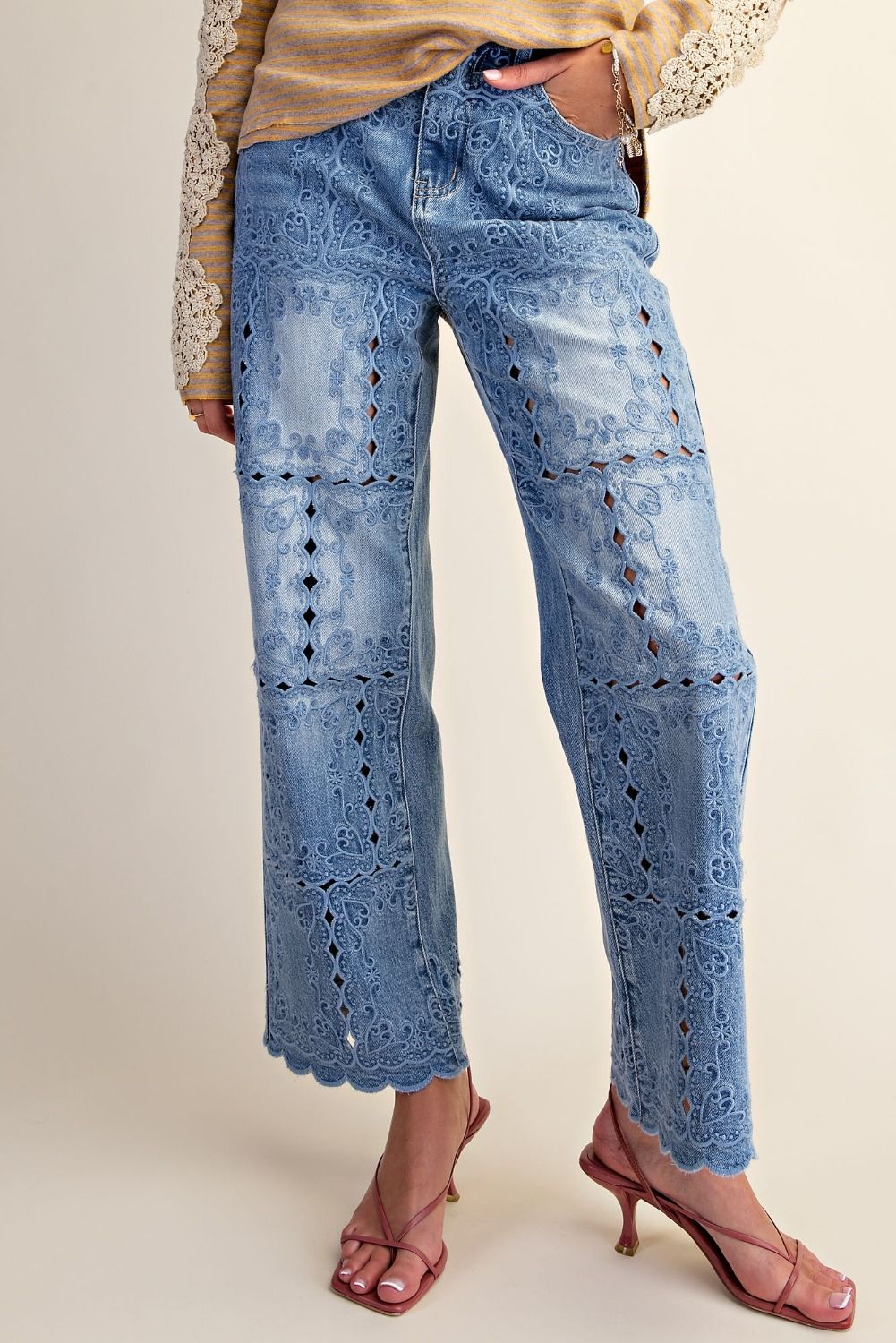 Embroidered Eyelet Cropped Jeans