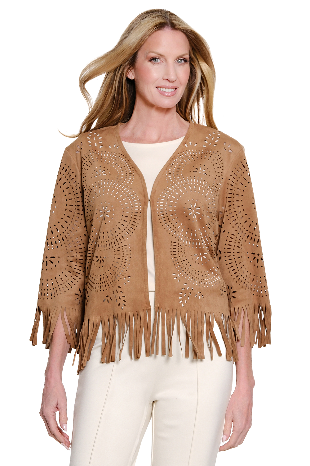 Walnut Ultra Suede Open Jacket w/ Fringe Hem by Multiples