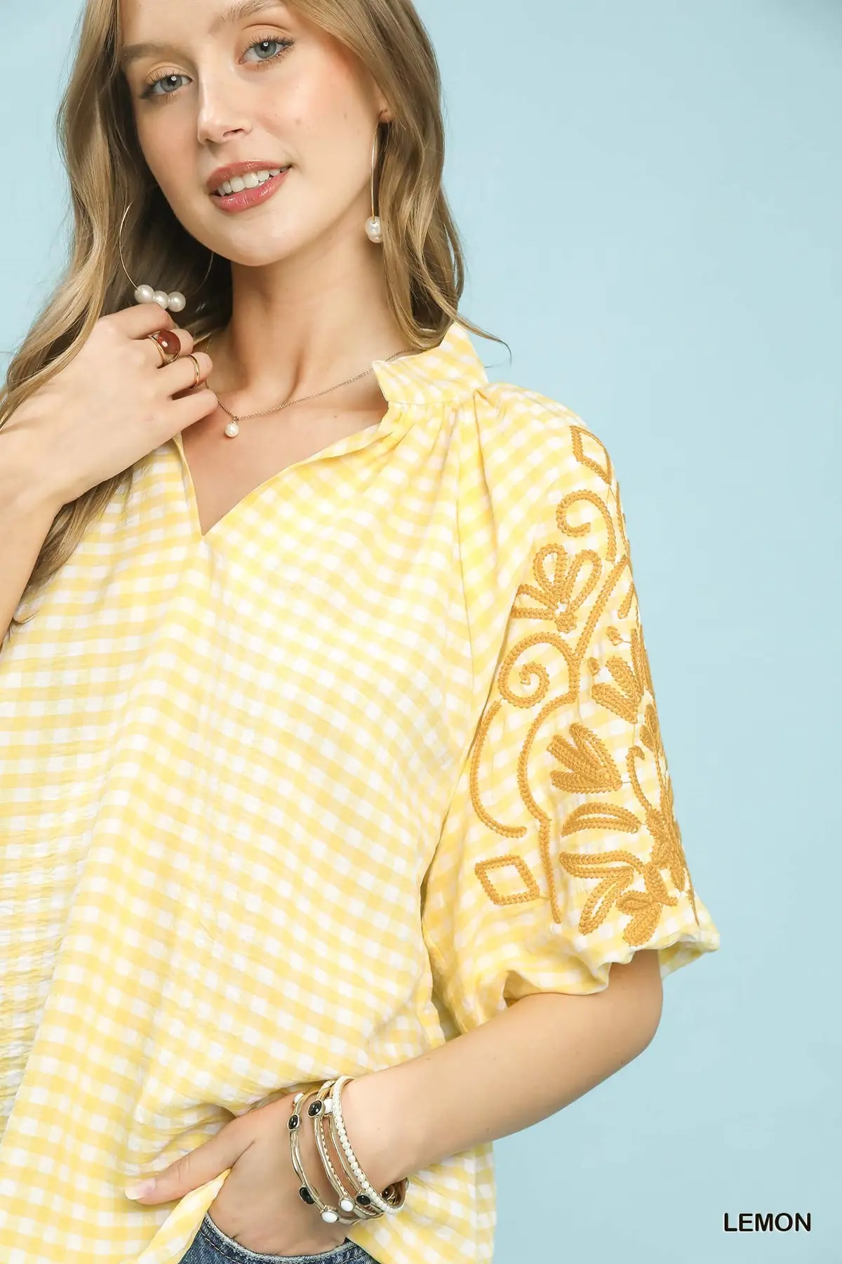 Lemon Gingham Embroidered Balloon Sleeve Top