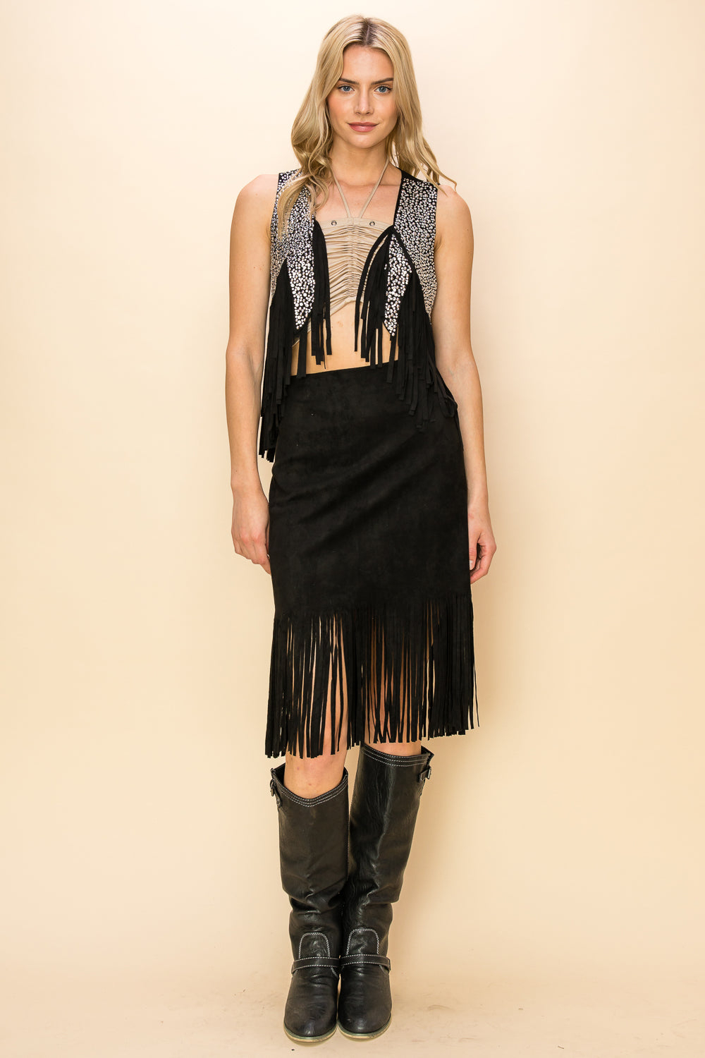 Black Faux Suede Vest w/ Fringe & Rhinestones