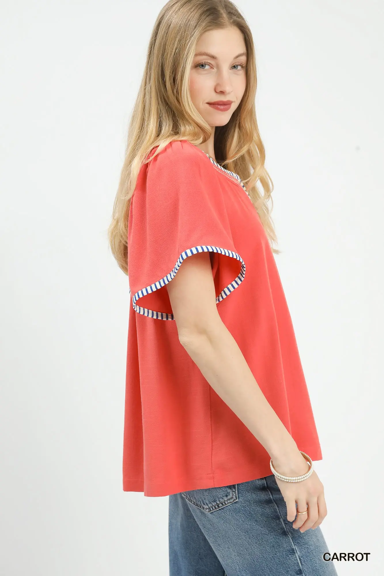 Dark Coral Linen/Cotton Blend Flutter Sleeve Top