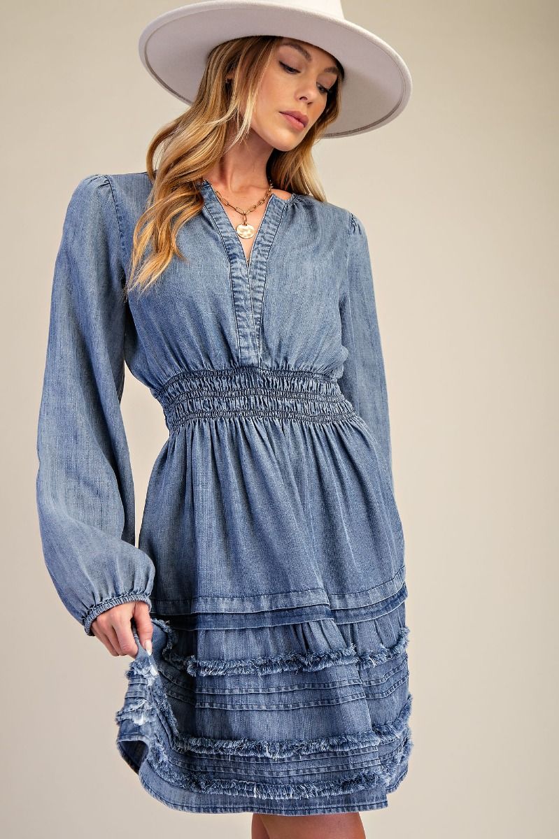 Fray Ruffle Bottom Washed Chambray Dress