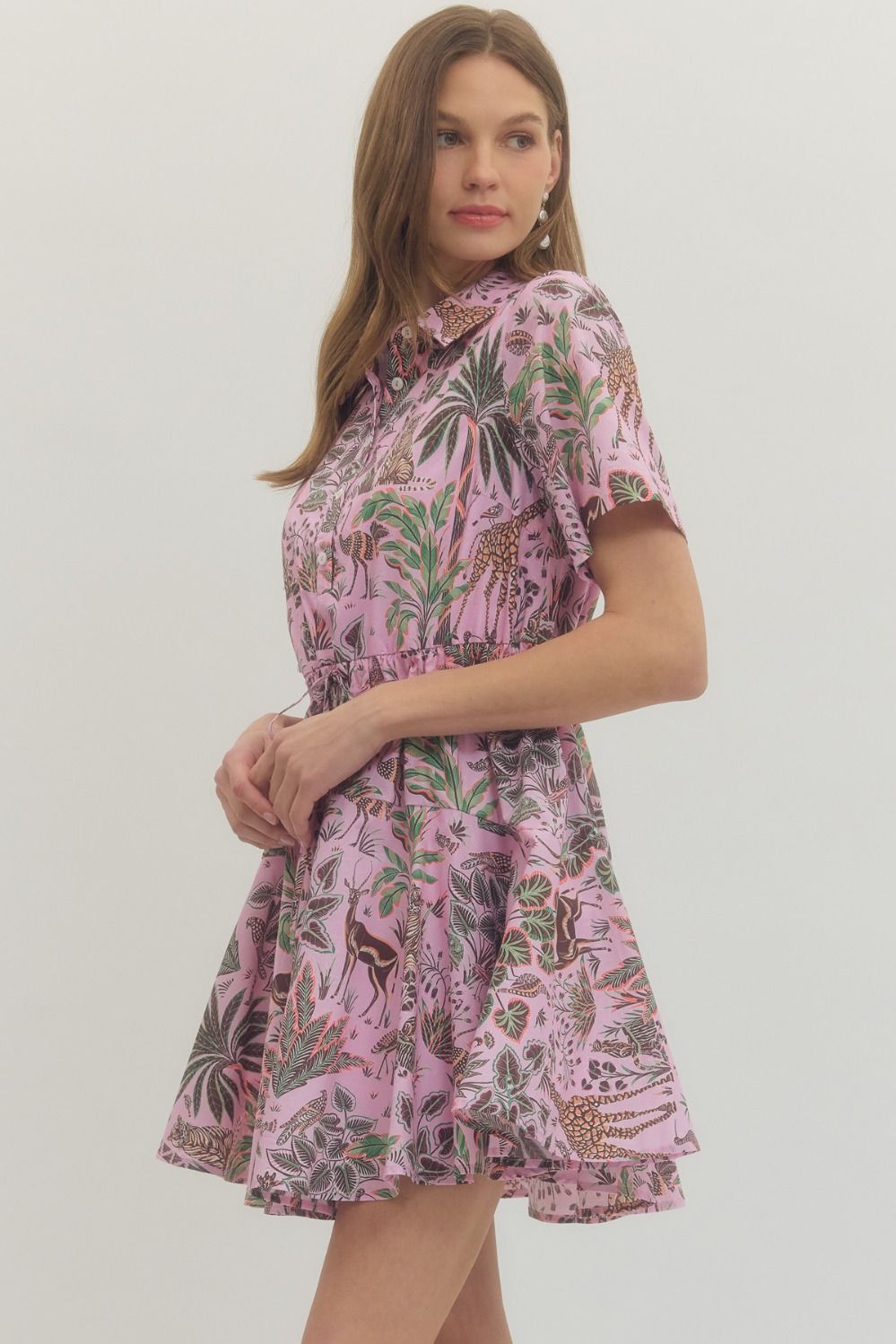 Pink Animal Print Drawstring Mini Dress