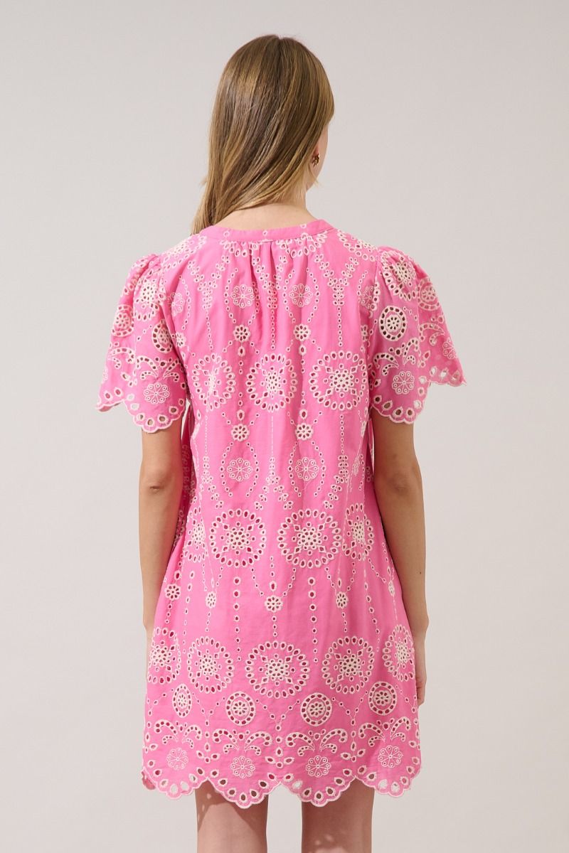Pink Embroidered Scalloped Mini Dress
