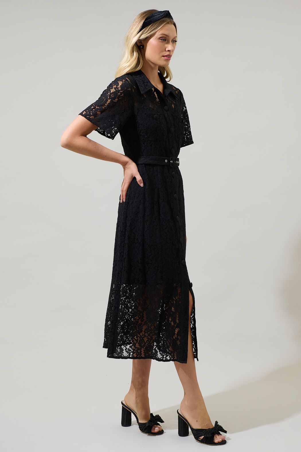Black Lace Button-Up Midi Dress