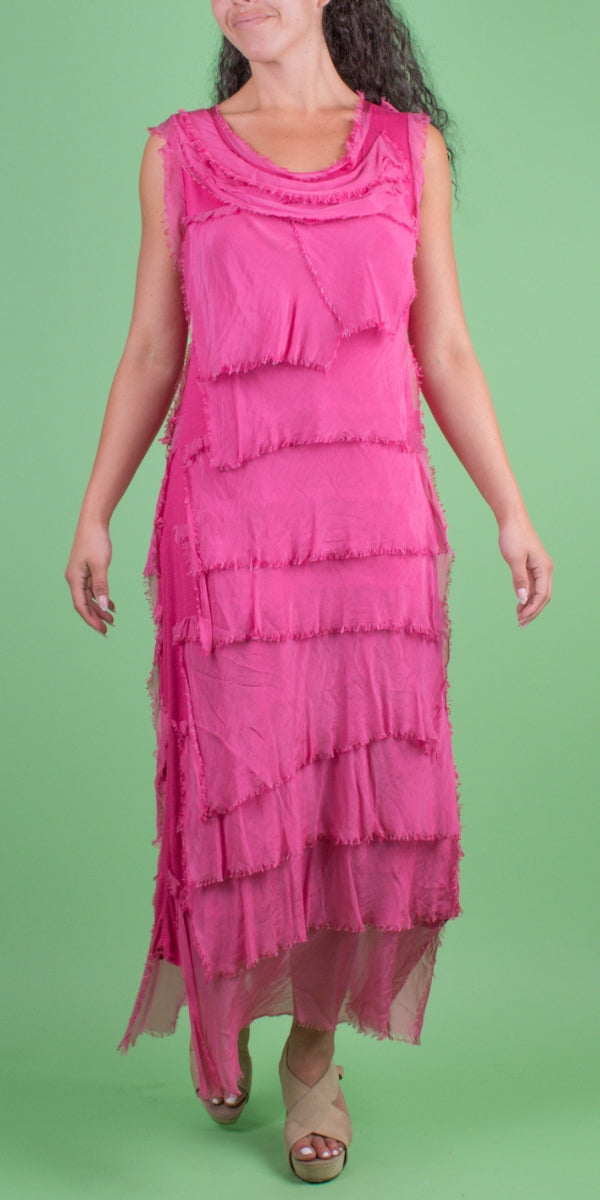 Magenta Silk Ankle Length Ruffle Dress