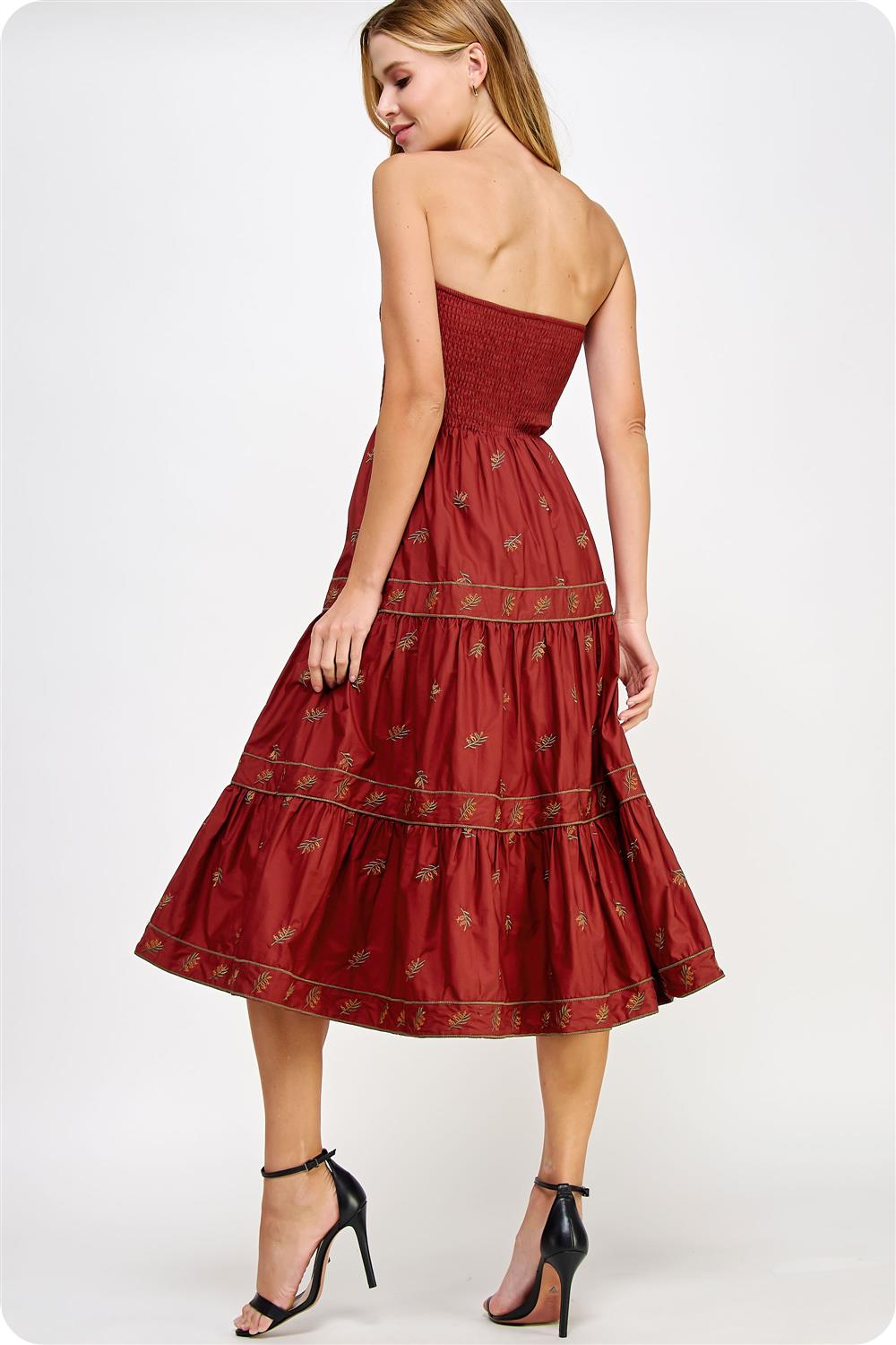 Brick Multi Floral Embroidered Tube Mide Dress