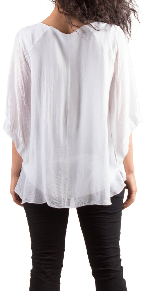 WHITE Round Neck Silk Top w/ Bell Sleeves
