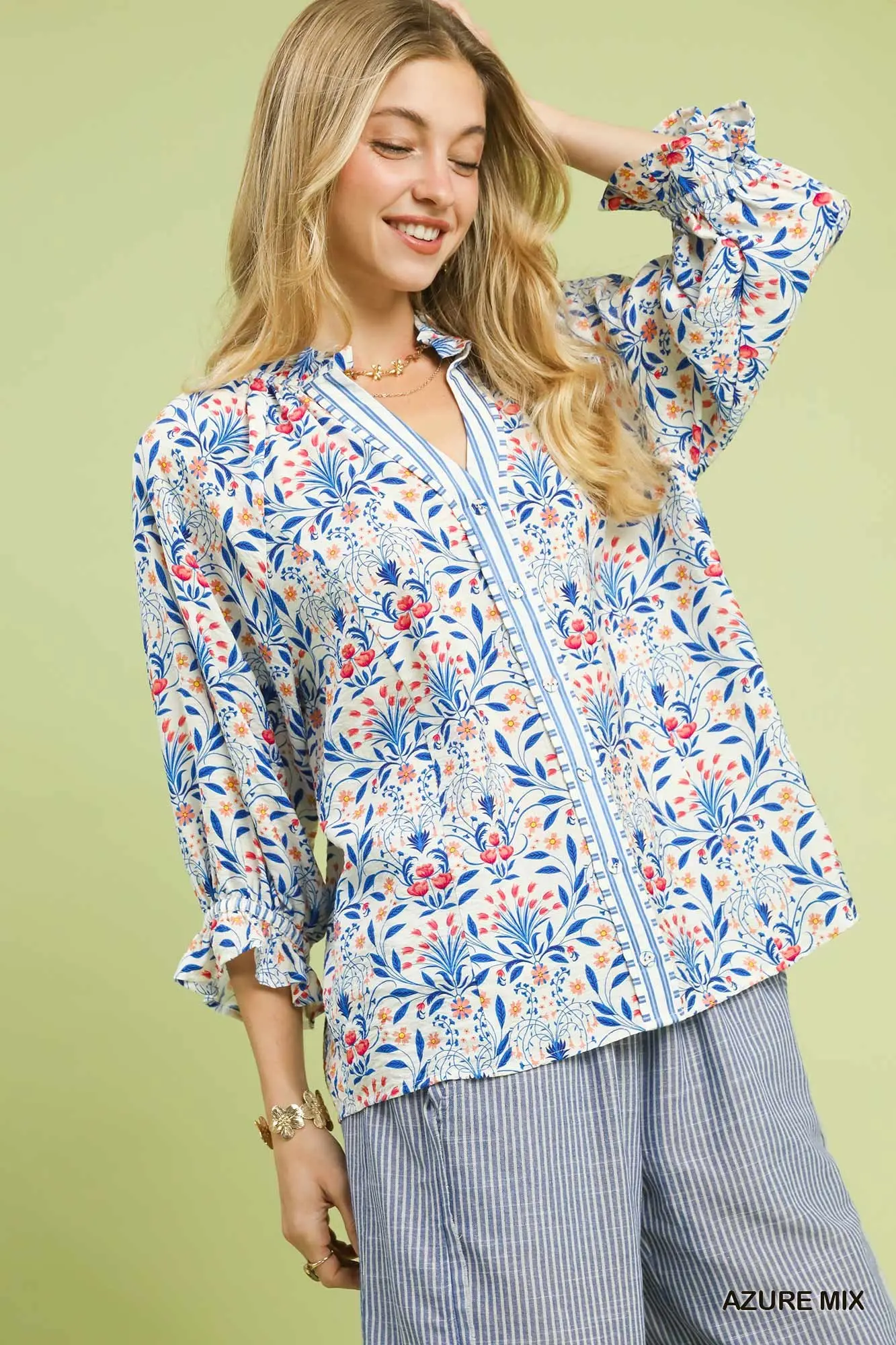 Azure Mix Botanical Floral Button-Front Blouse