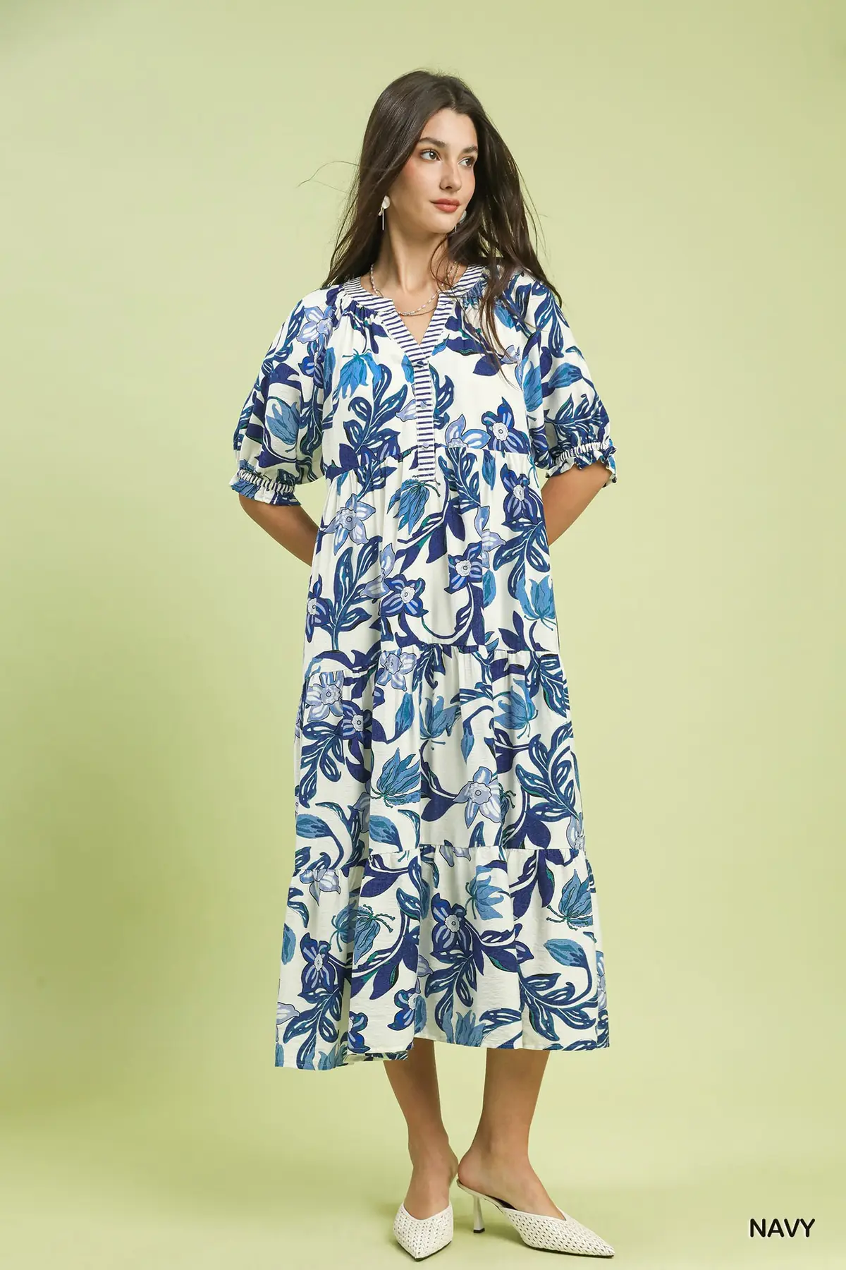 Navy Tropical Floral Tiered Midi Dress