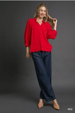 Red Linen Blend Scallop Hem Blouse