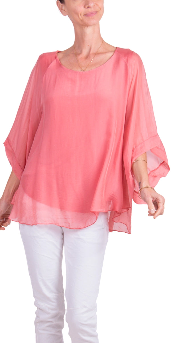 Rosewood Round Neck Silk Top w/ Bell Sleeves