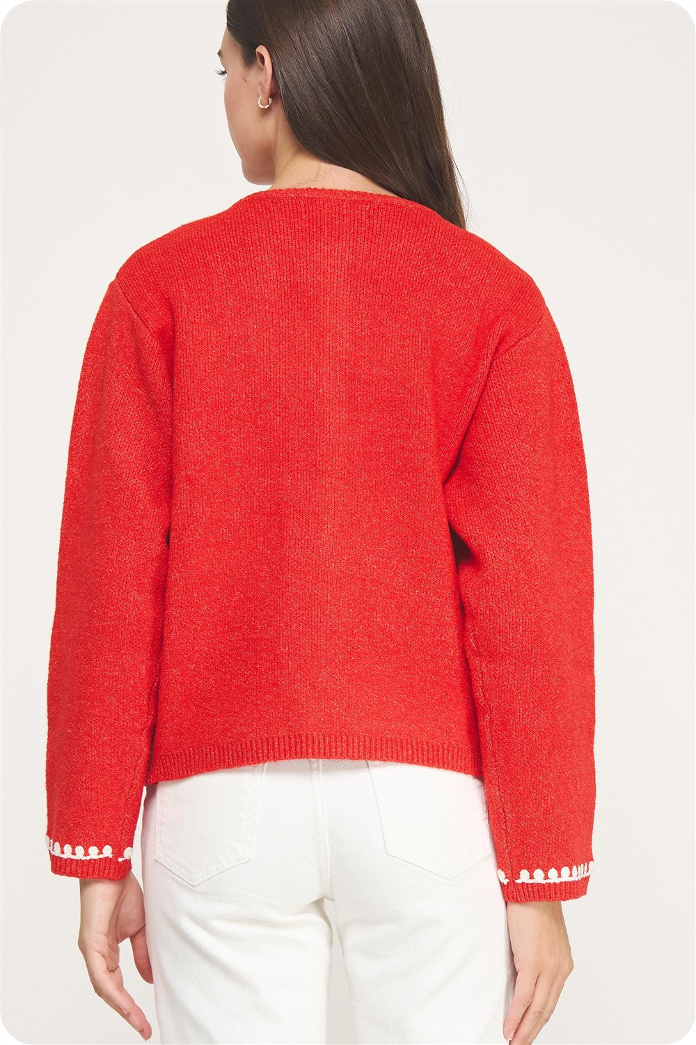 Red w/ White Embroidery Cardigan Sweater