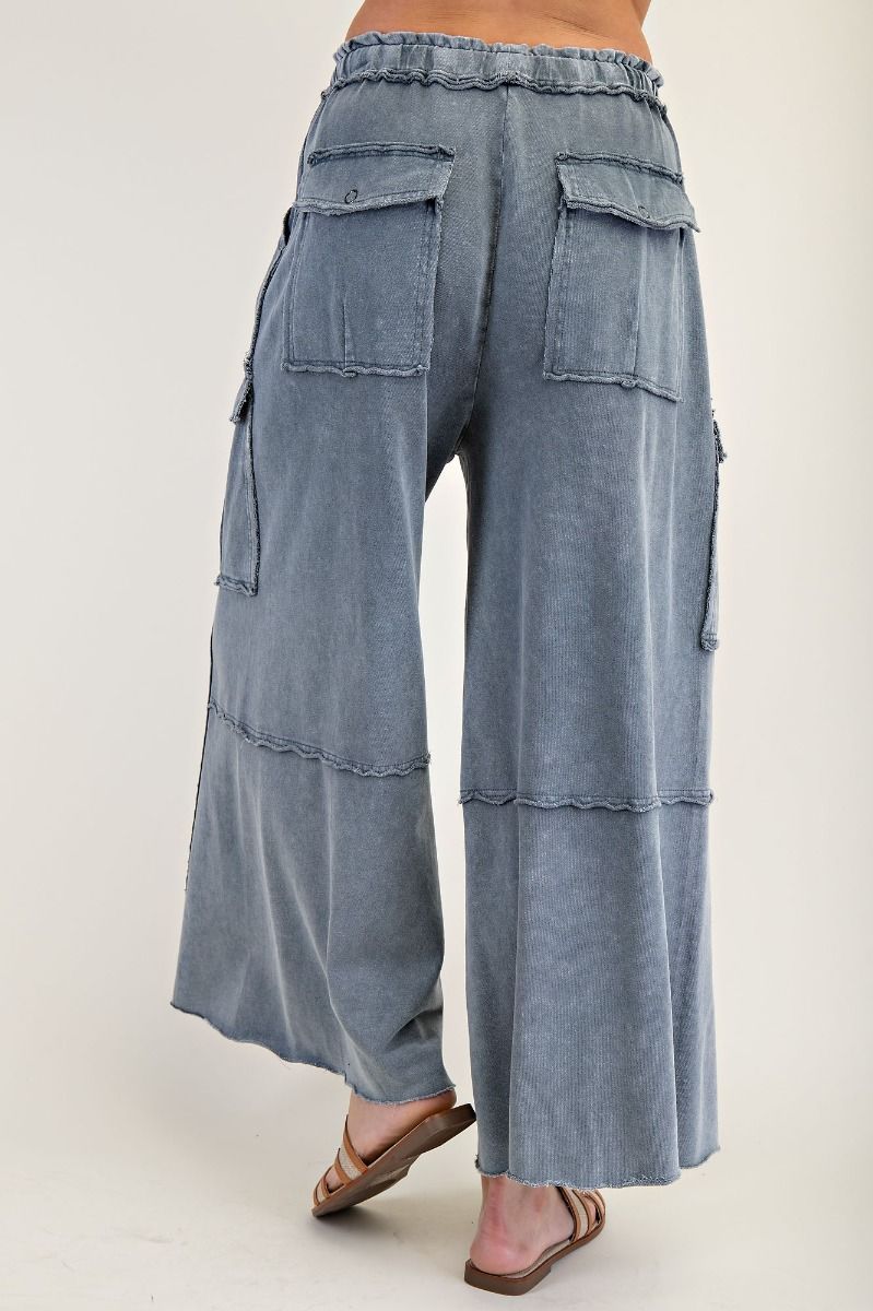 Washed Denim Wide Leg Terry Cargo Sweatpants
