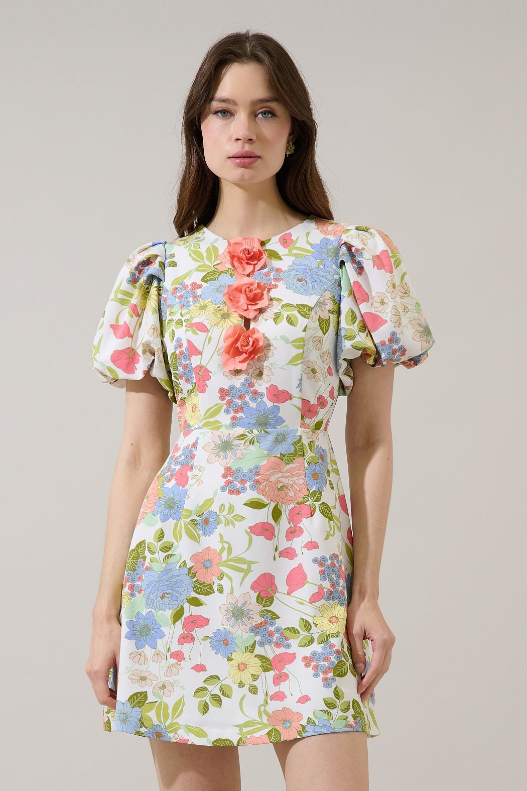 floral applique mini dress Rosette Bubble Sleeve Esther CREAM-MUL / M Elbise Fall Winter Women New Package:Black six-piece set (including accessories) Perfect for Valentines Day