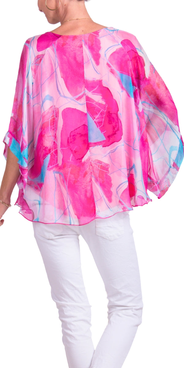Silk Top w/ Abstract & Ink Lines/HOT PINK