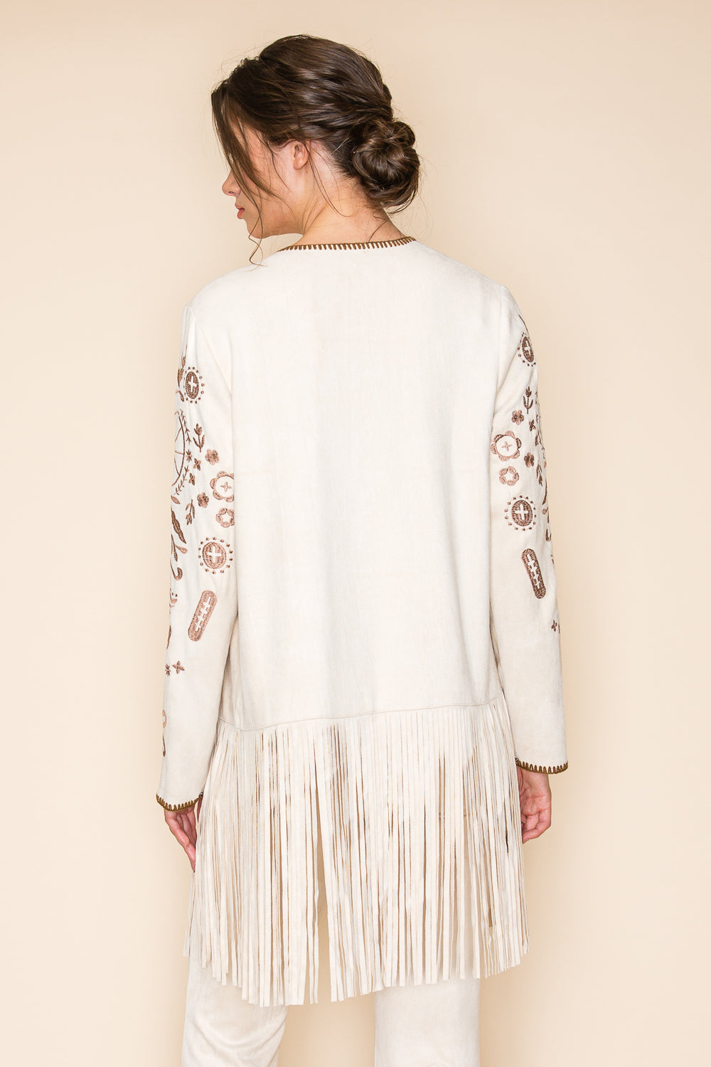 Ivory Ultra Suede Fringe Jacket w/ Taupe Embroidery