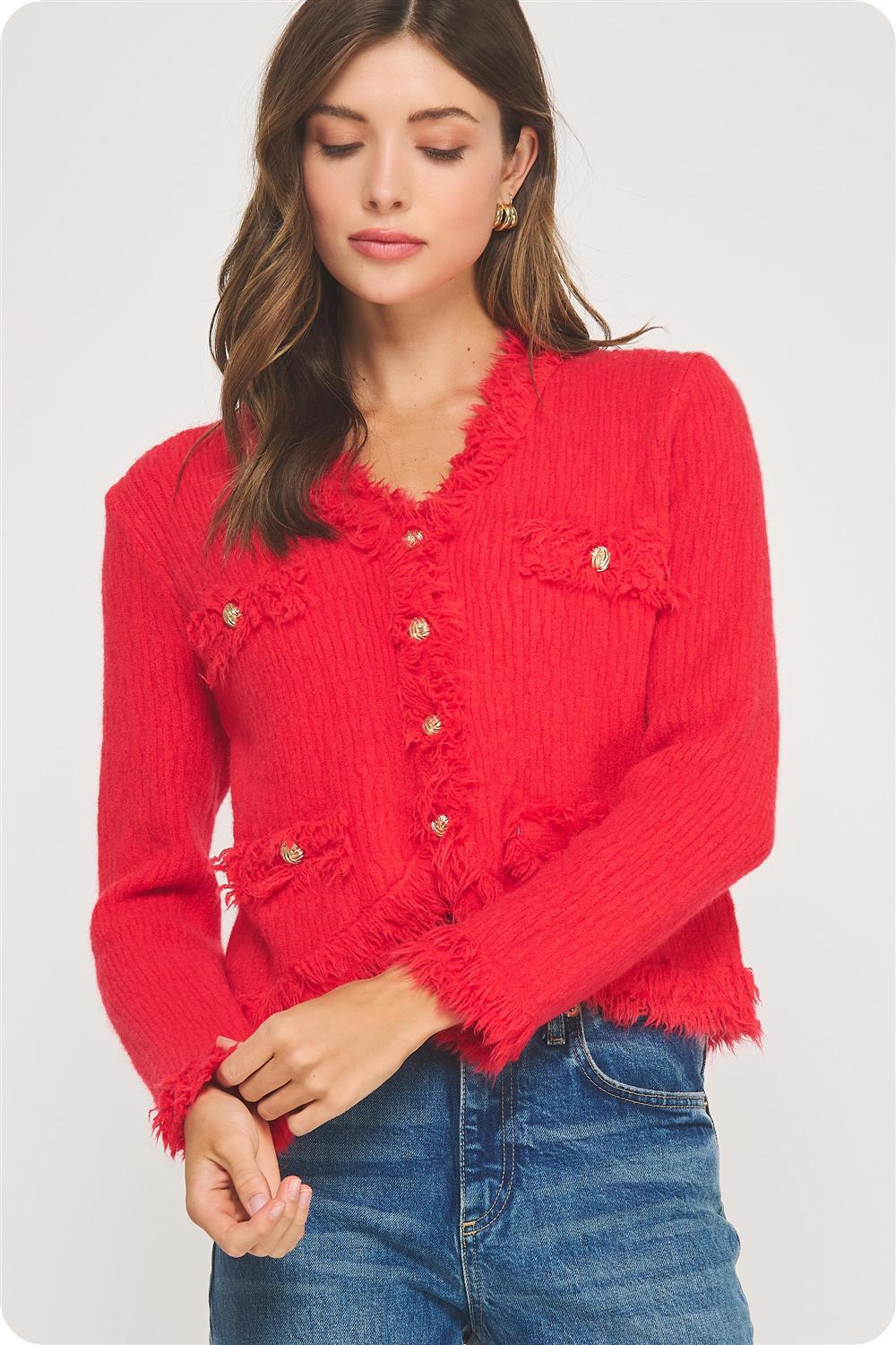 Red Frayed Trim Textured Cardigan