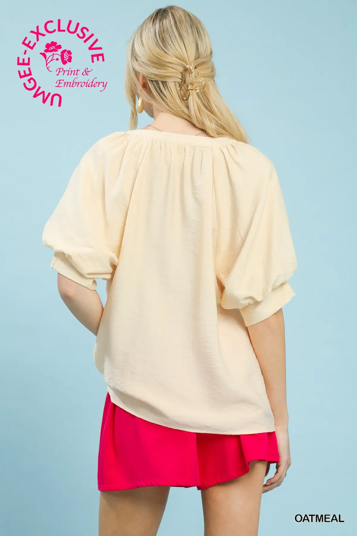 Cream Top w/ Pink Embroidery Details