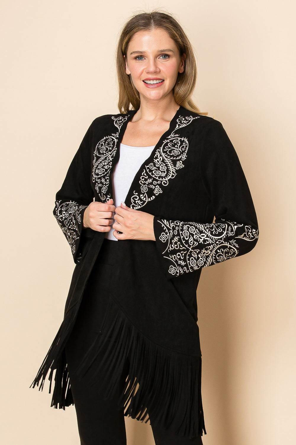 Black Ultra Suede Blazer Jacket w/ Fringe & Embroidery