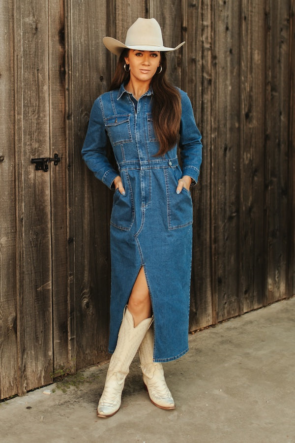 Denim Maxi Dress w/ Front Slit & Pockets