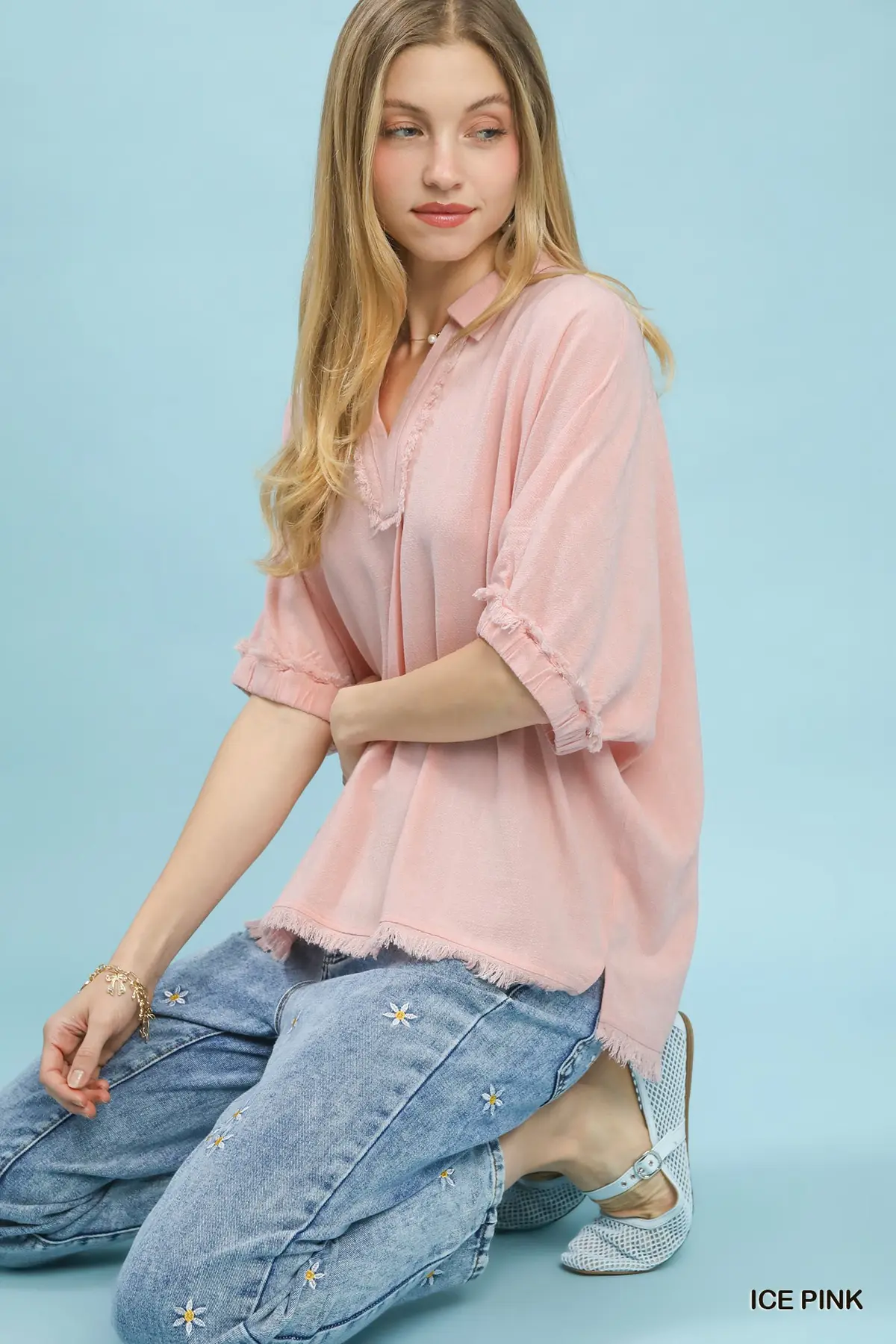 Ice Pink Frayed Edge Linen Top