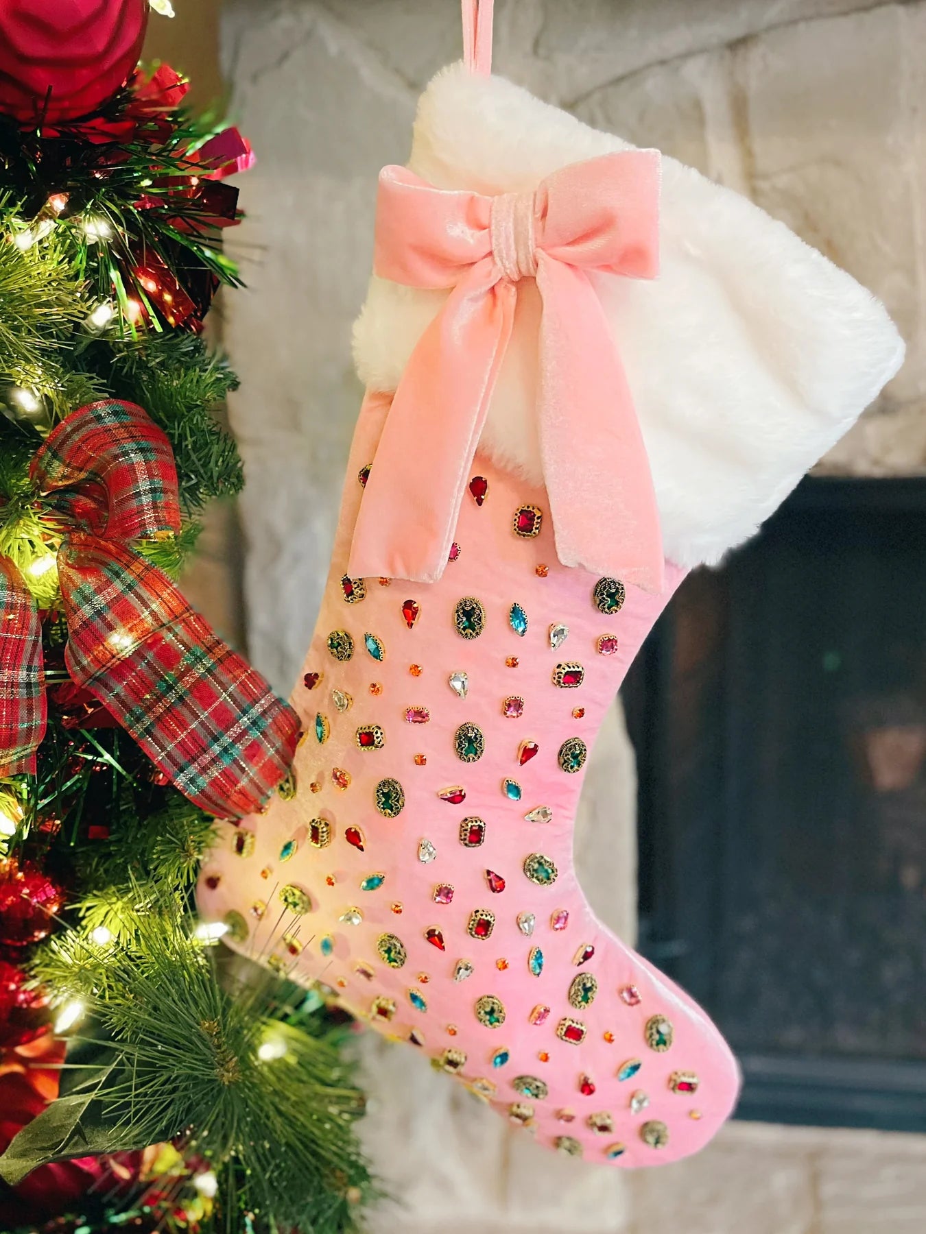 Pink Bejeweled Velvet Christmas Stocking