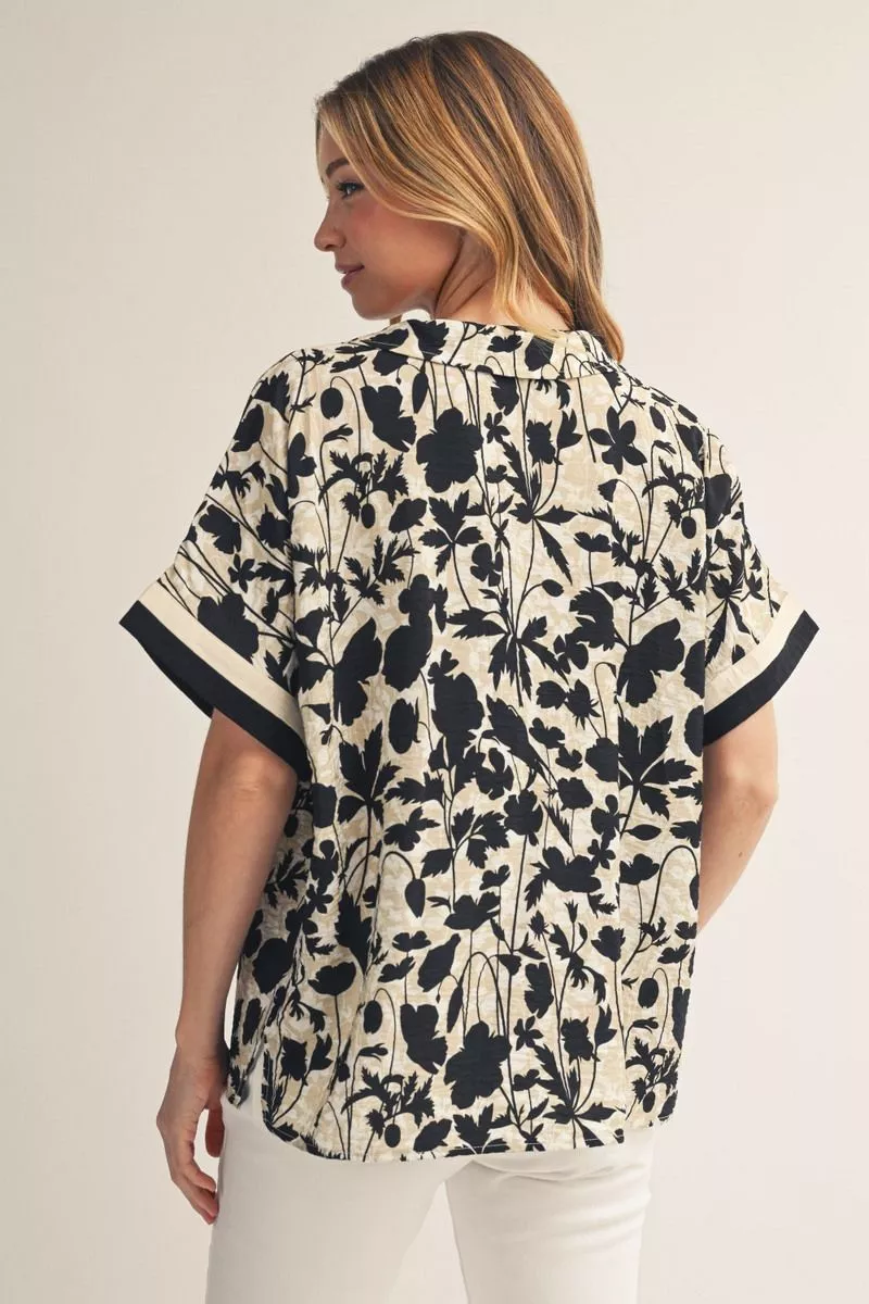 Black Mix Tropical Floral Top w/ Contrast Details