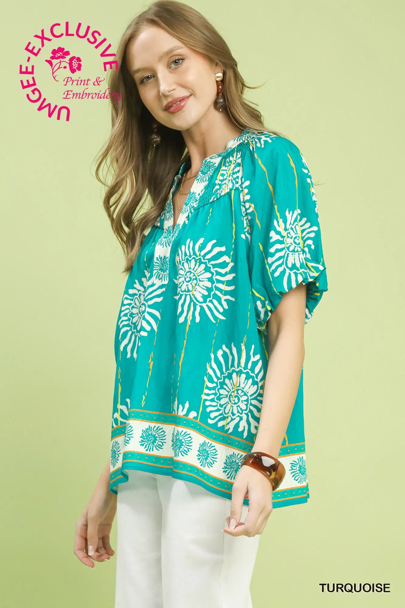 Turquoise Floral Smocked V-Neck Blouse
