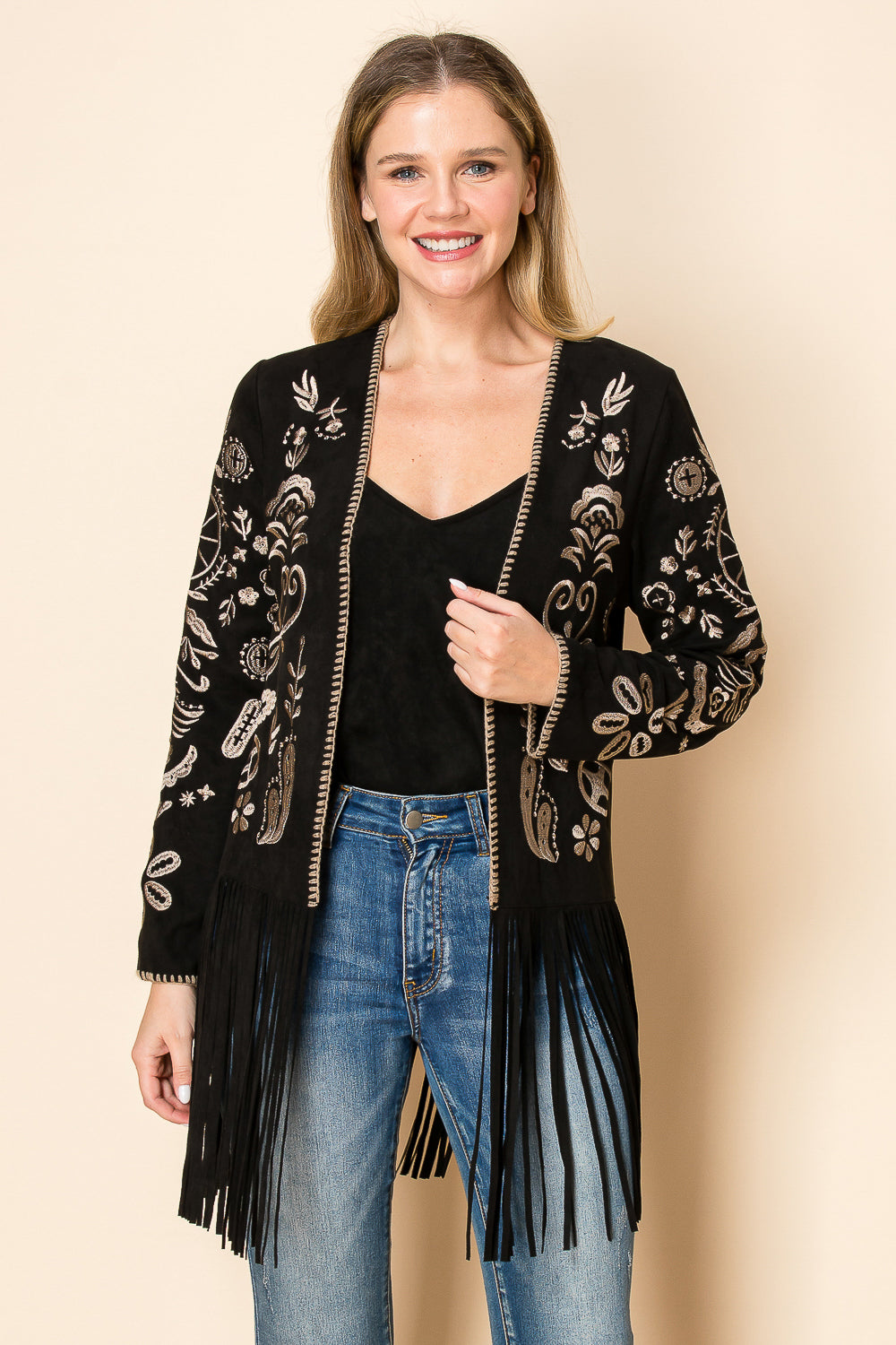Black Ultra Suede Fringe Jacket w/ Taupe Embroidery