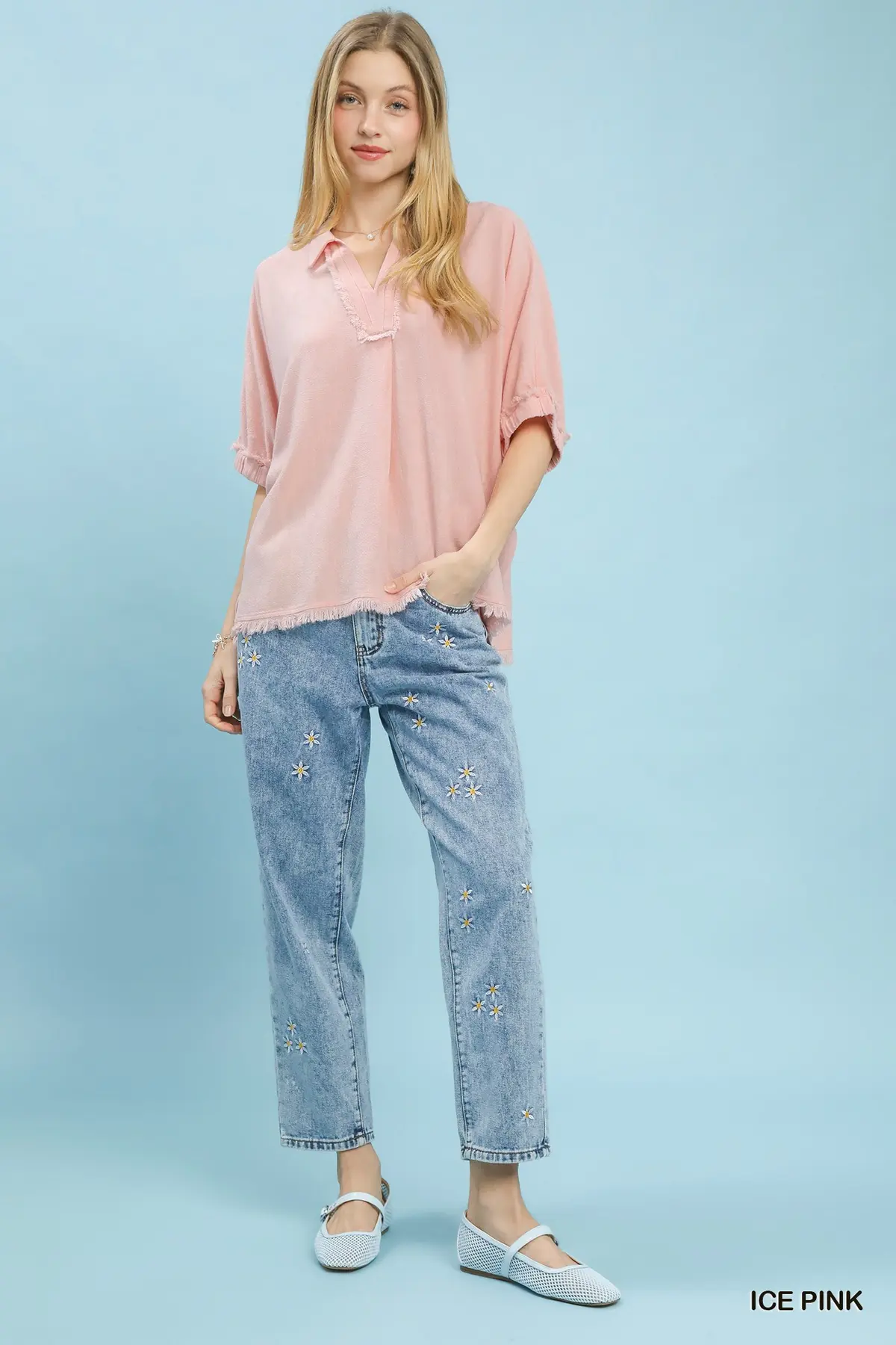 Ice Pink Frayed Edge Linen Top