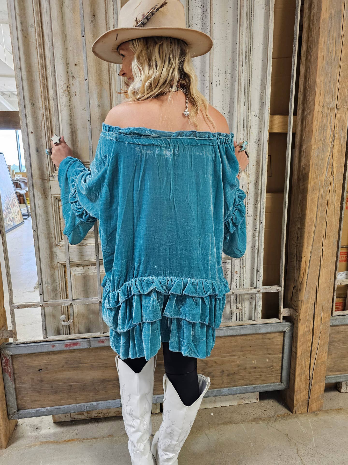 Turquoise Velvet Ruffle Top by A Rare Bird