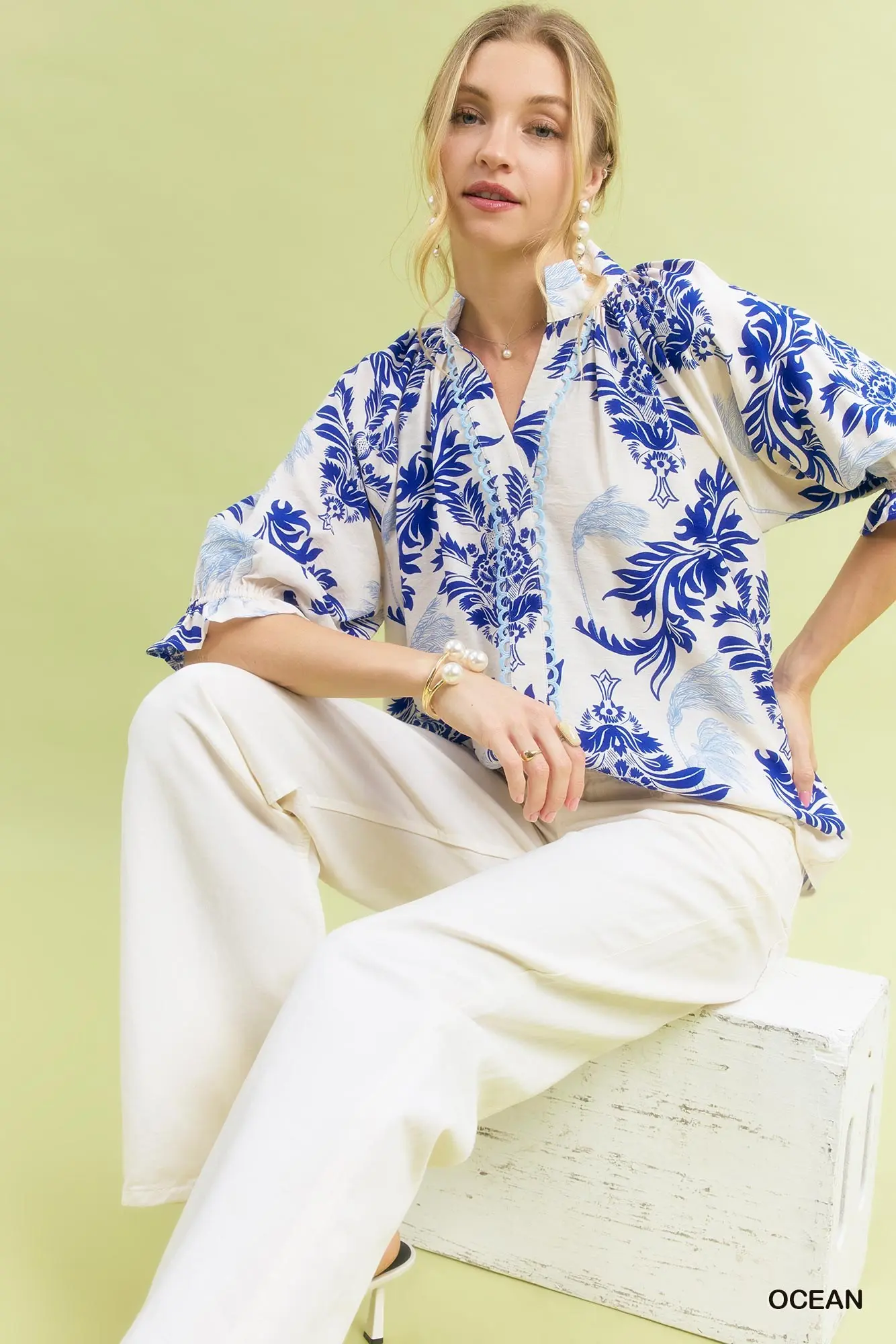 Ocean Blue Leafy Damask Print Button-Down Top