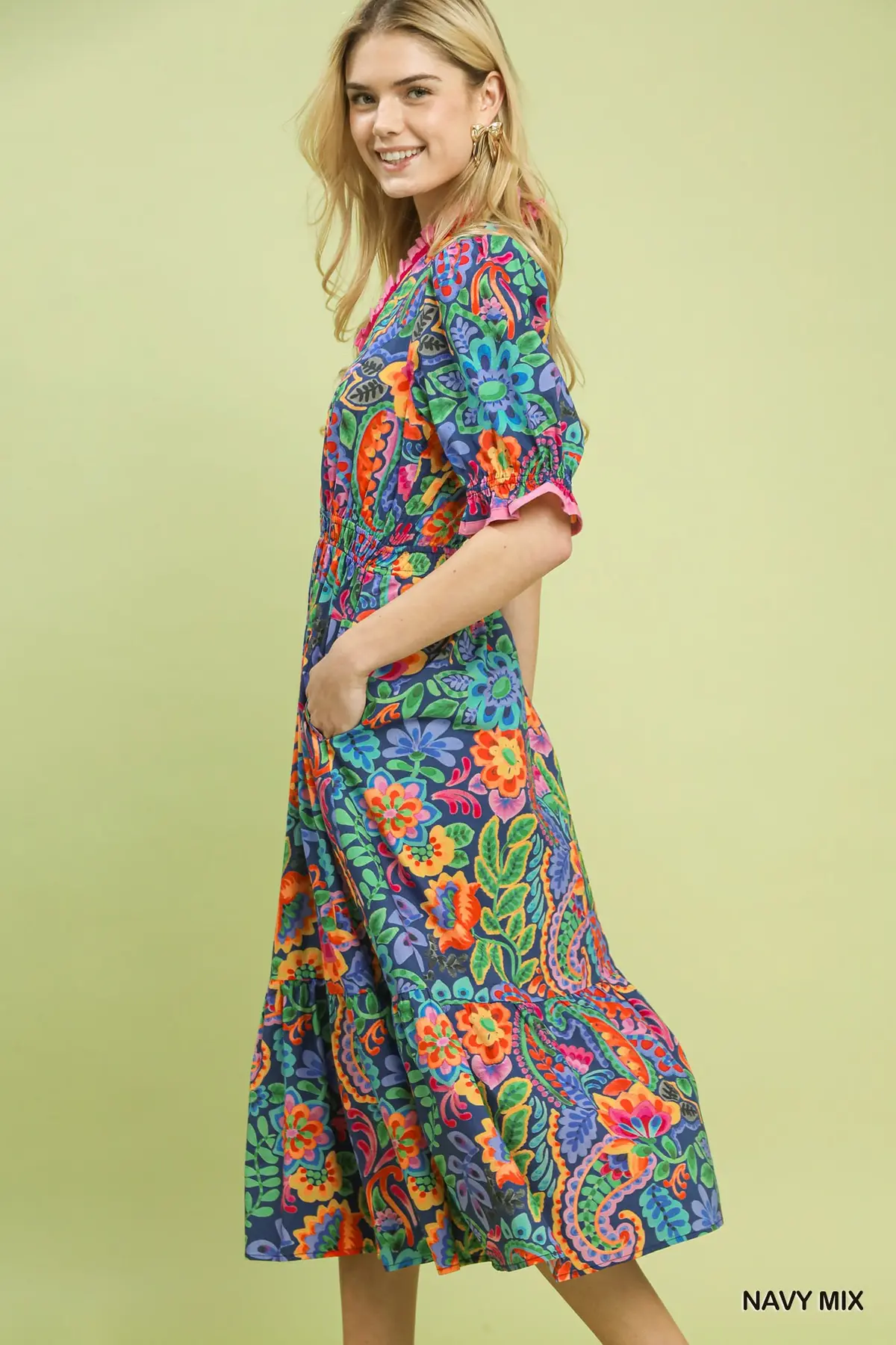 Navy Mix Floral Midi Dress with Ruffle Trim