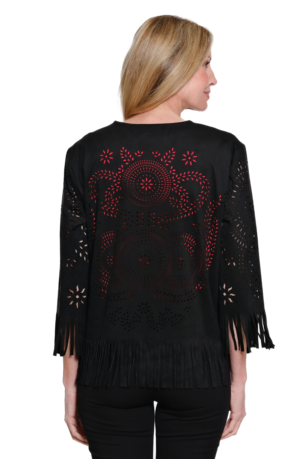 Black Ultra Suede Open Jacket w/ Fringe Hem by Multiples