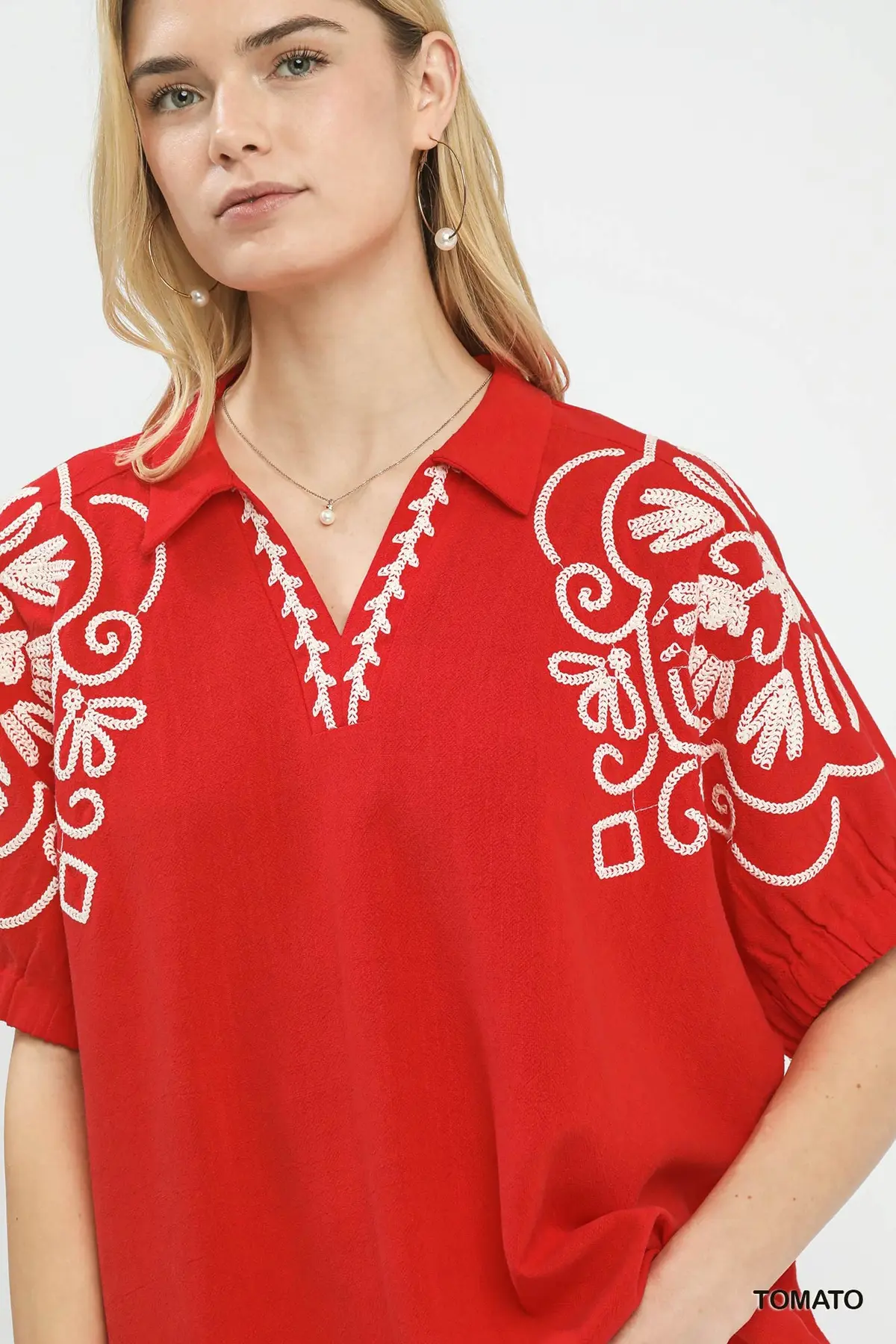 Tomato Fiesta Embroidered Linen Top