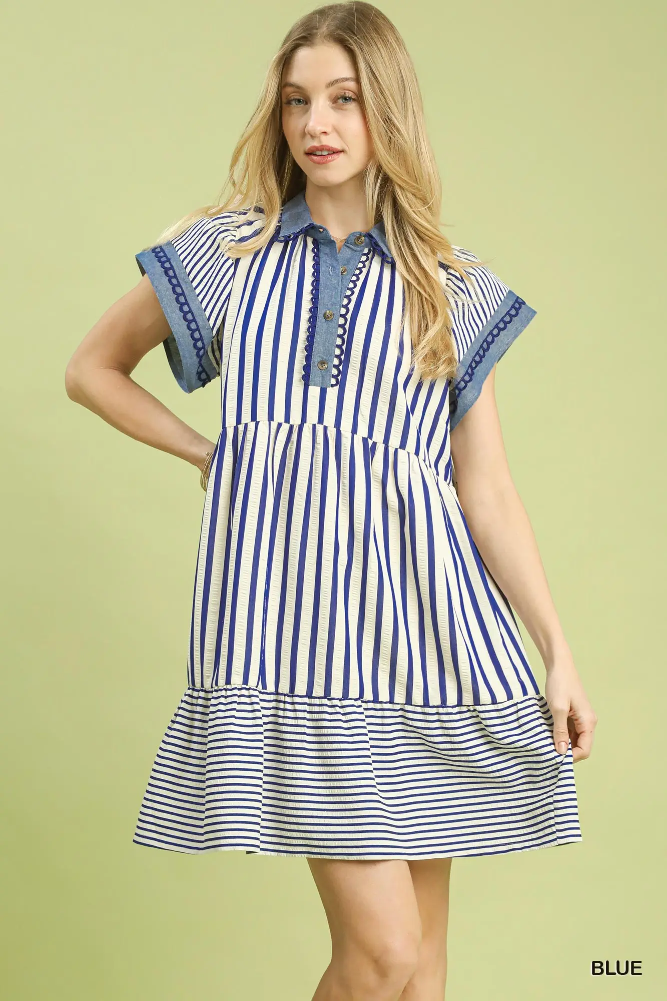 Blue Mixed Stripe Babydoll Dress