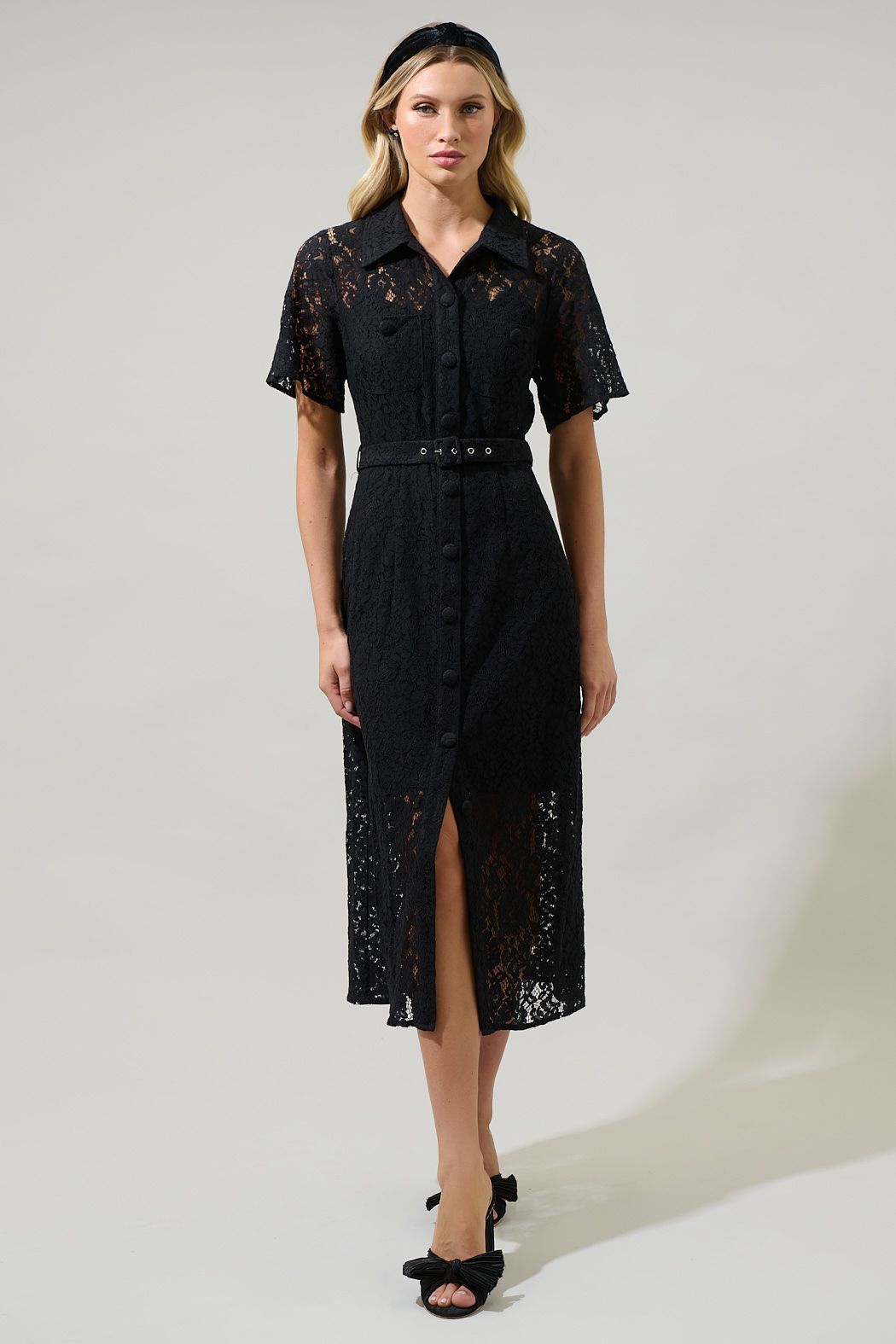 Black Lace Button-Up Midi Dress