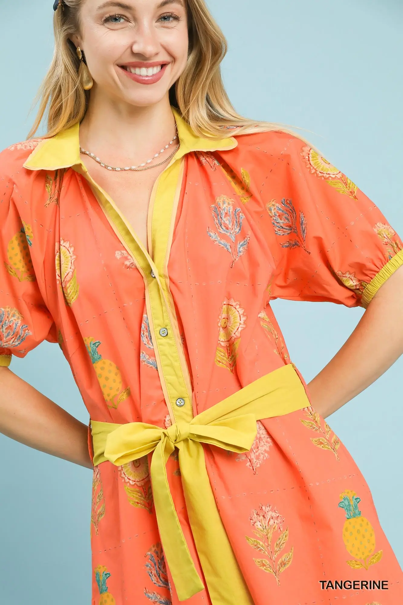Tangerine Printed Button-Front Midi Dress with Sash