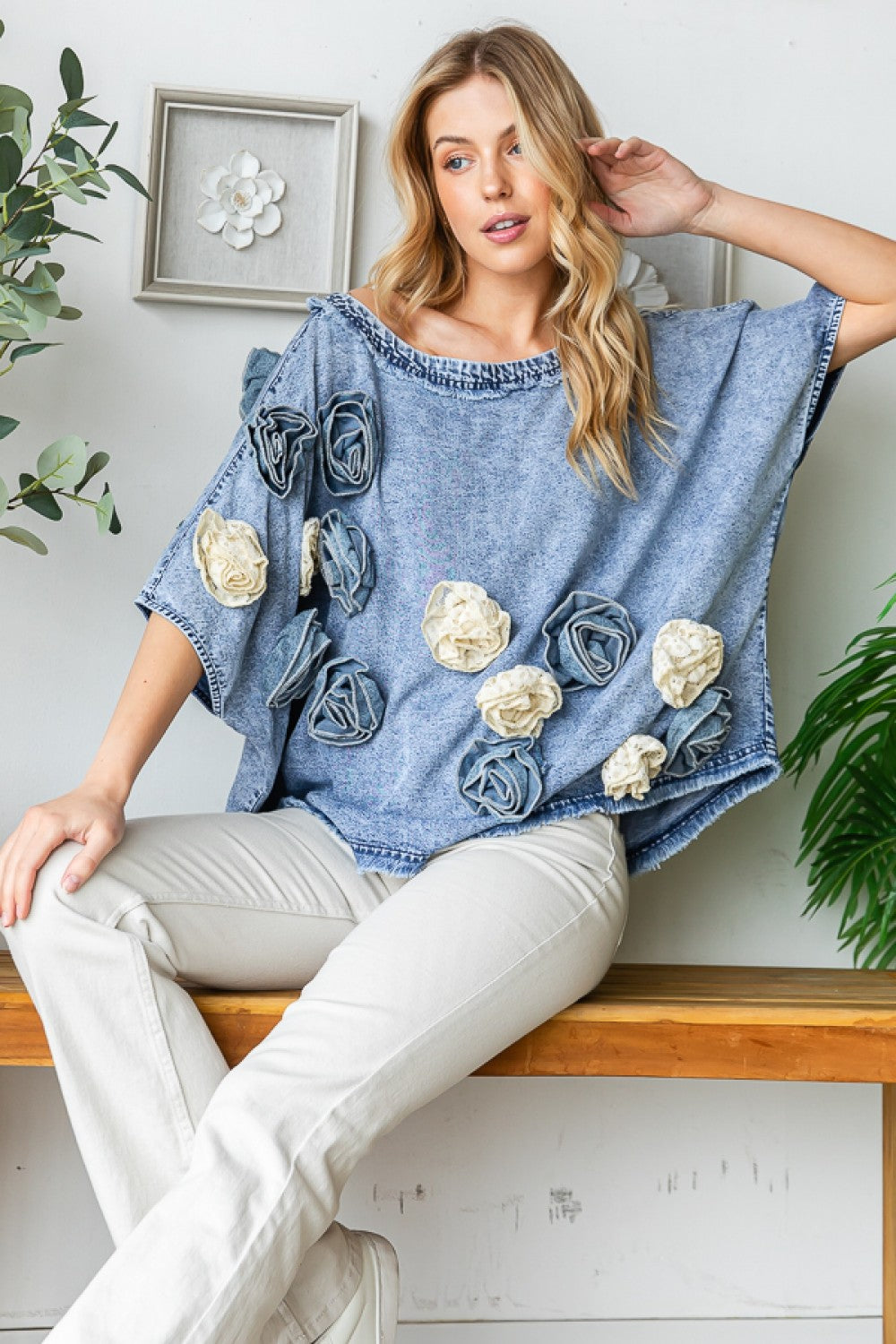 Washed Denim 3D Flower Woven Top