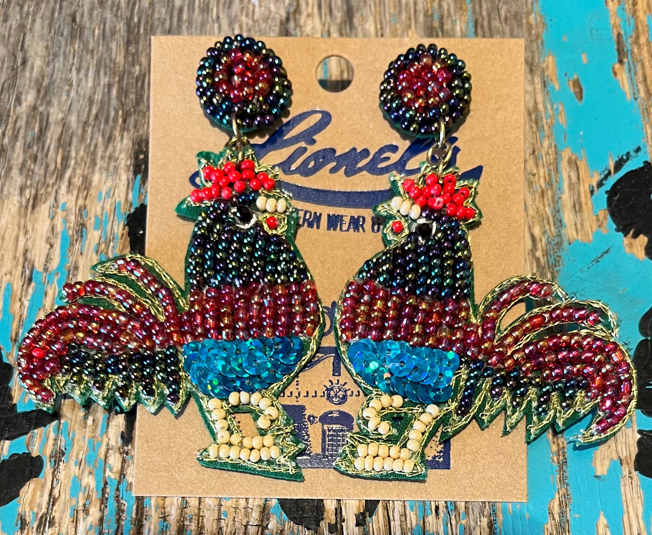 Jewel Tones Beaded Rooster Earrings