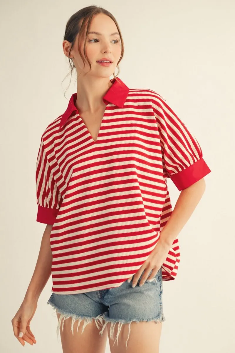Red Stripe Contrast Collar V-Neck Top