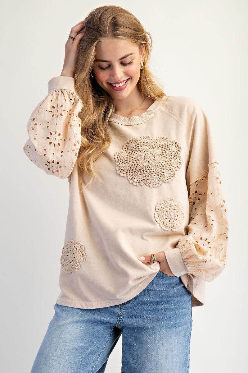 Crochet Eyelet Lace Terry Pullover
