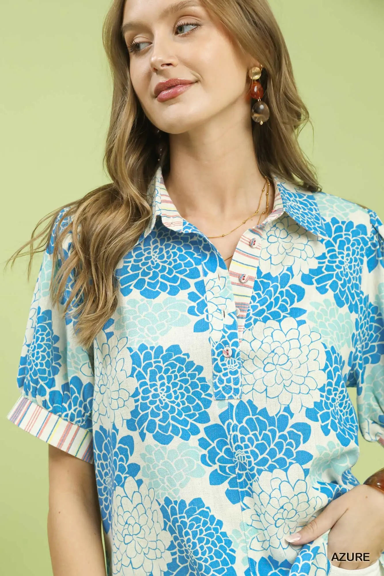 Azure Blue Floral Collared Top