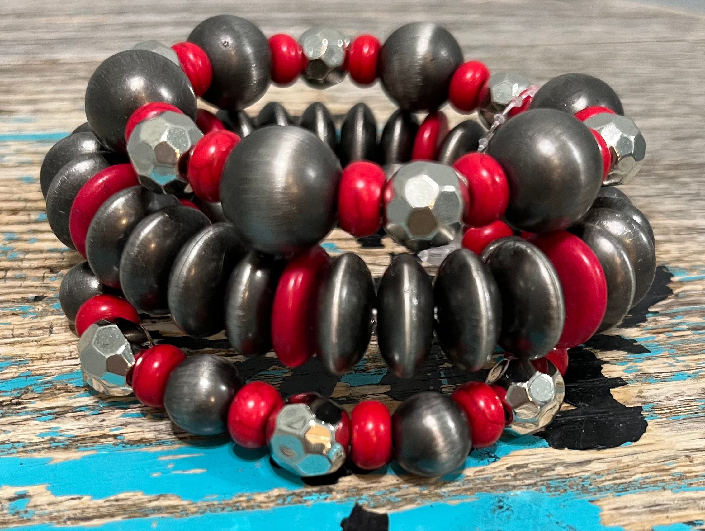 3 Strand Navajo Pearls w/ Red Stones Bracelet