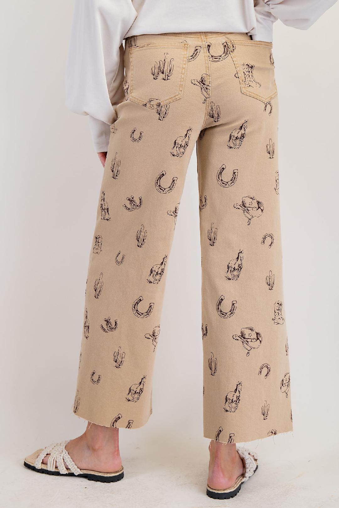 Khaki Western Printed Washed Twill Pants